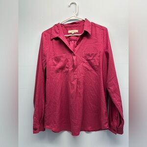 Women’s loft pink polka dot long sleeve half Button-Down Shirt blouse pockets M